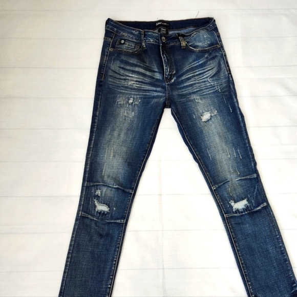 Men's Vintage Blue Wash Distressed Denim Jeans - Skinny Fit - Picture 2 of 11